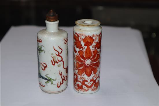 Two 19th century Chinese porcelain cylindrical snuff bottles tallest 8cm